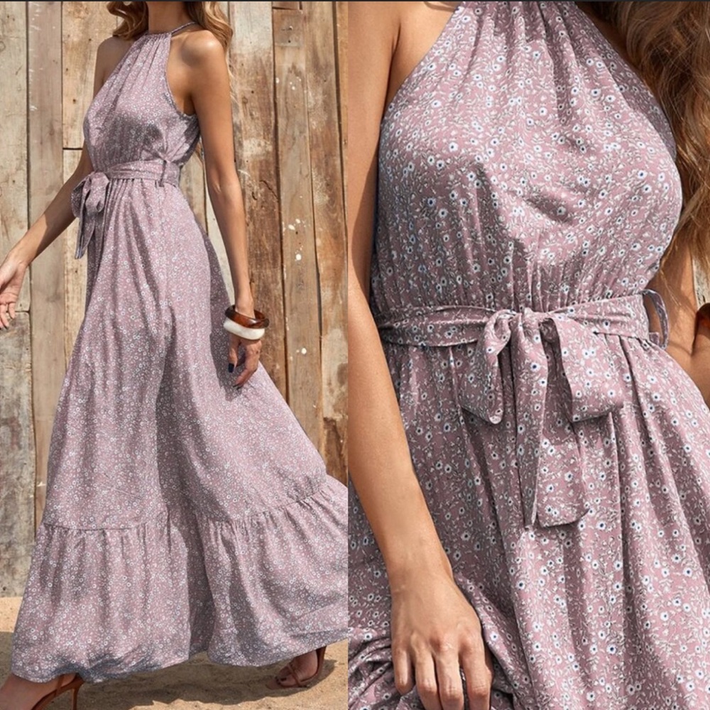 Boho floral print halter maxi dress- DUSTY PINK - Picture 3 of 8